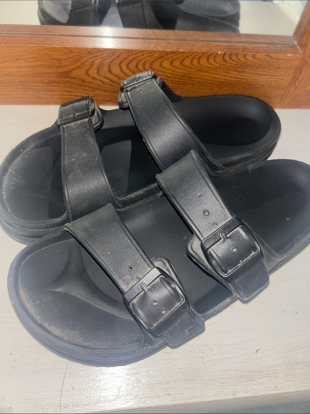 Black Double-Buckle Slide Sandals